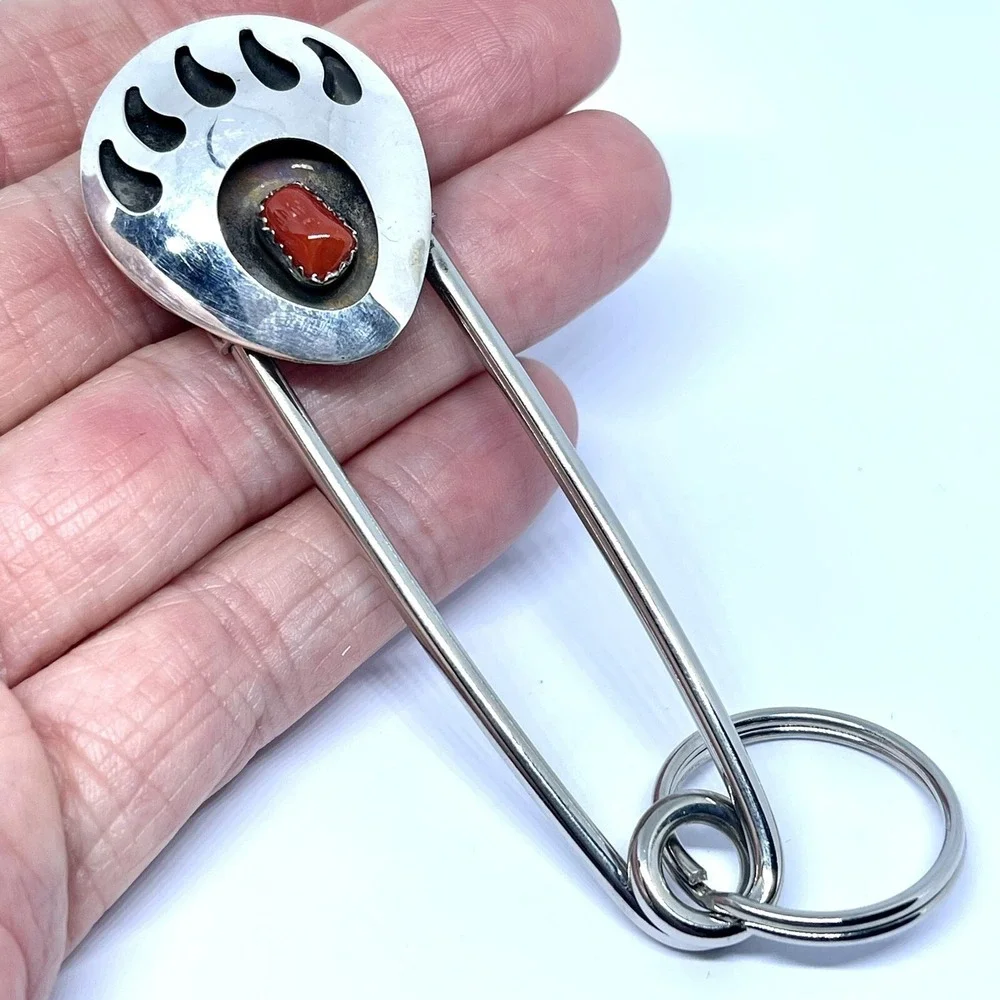 Giant Safety Pin Keyring Bear‎ Paw Print Coral Key Chain Navajo 4in Native USA